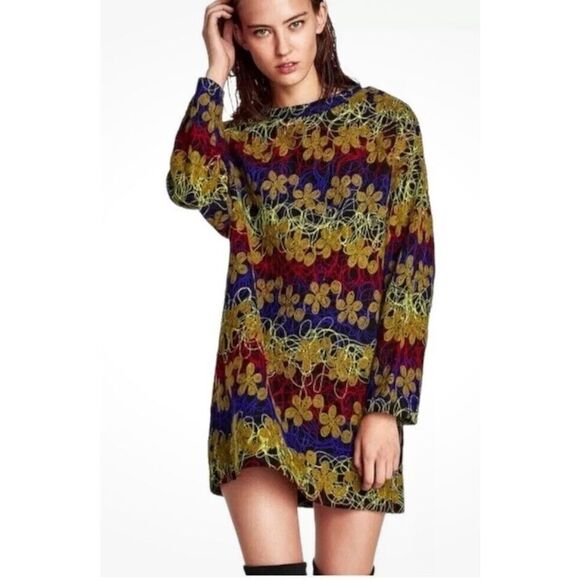 Zara Mod Squiggly Line Embroidered Tunic Mini Dress Multicolor Artsy Size L - Picture 1 of 12